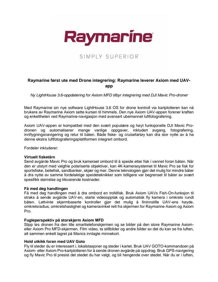 Raymarine: Raymarine først ute med Drone integrering: Raymarine leverer Axiom med UAV-app