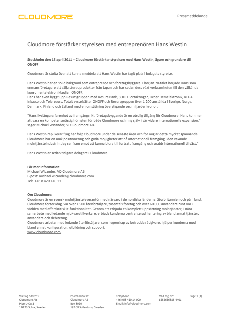 Cloudmore förstärker styrelsen med entreprenören Hans Westin