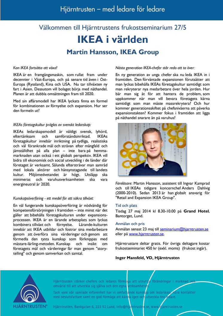 Martin Hansson, IKEA föreläser på Hjärntrustens frukostseminarium i Lund 27 maj