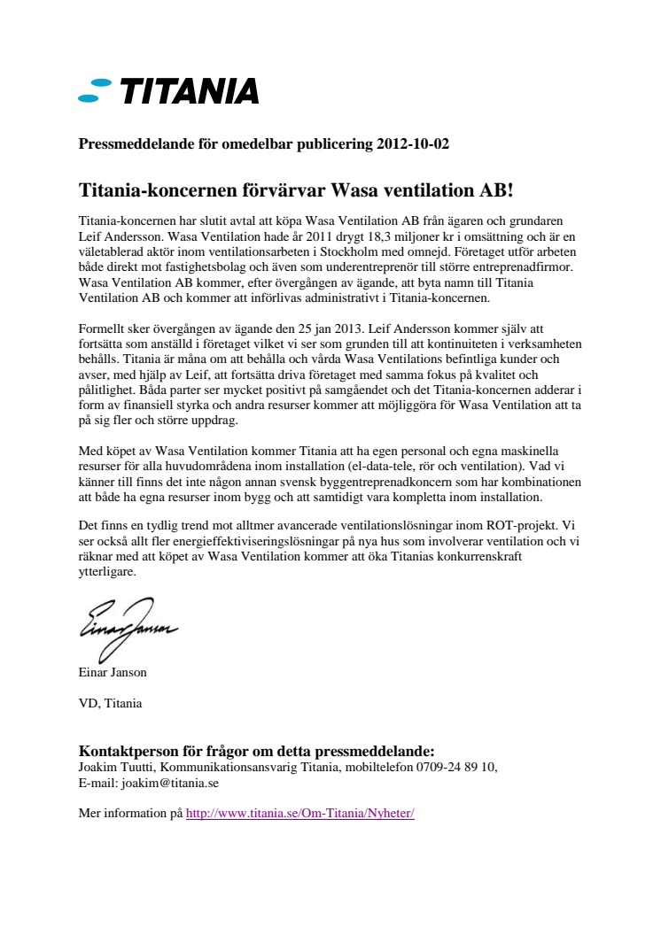 Titania-koncernen förvärvar Wasa Ventilation AB!