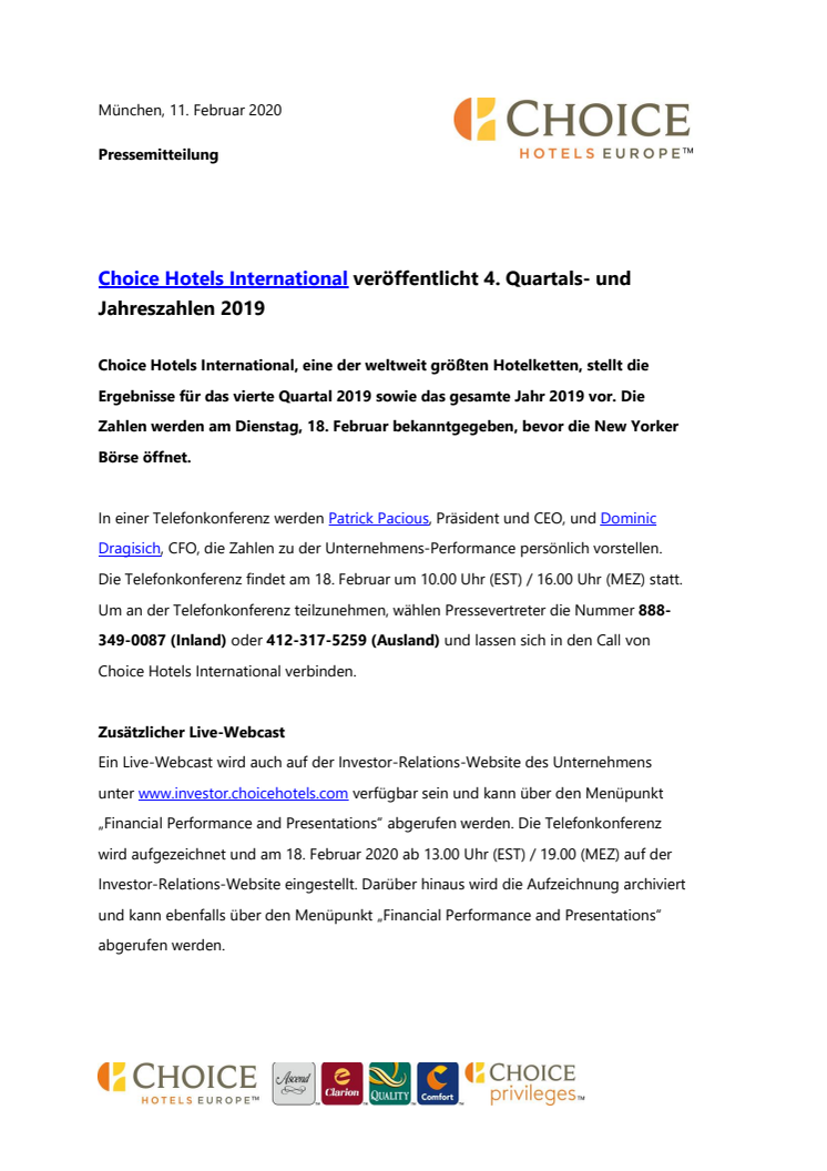 Choice Hotels International veröffentlicht 4. Quartals- und Jahreszahlen 2019 