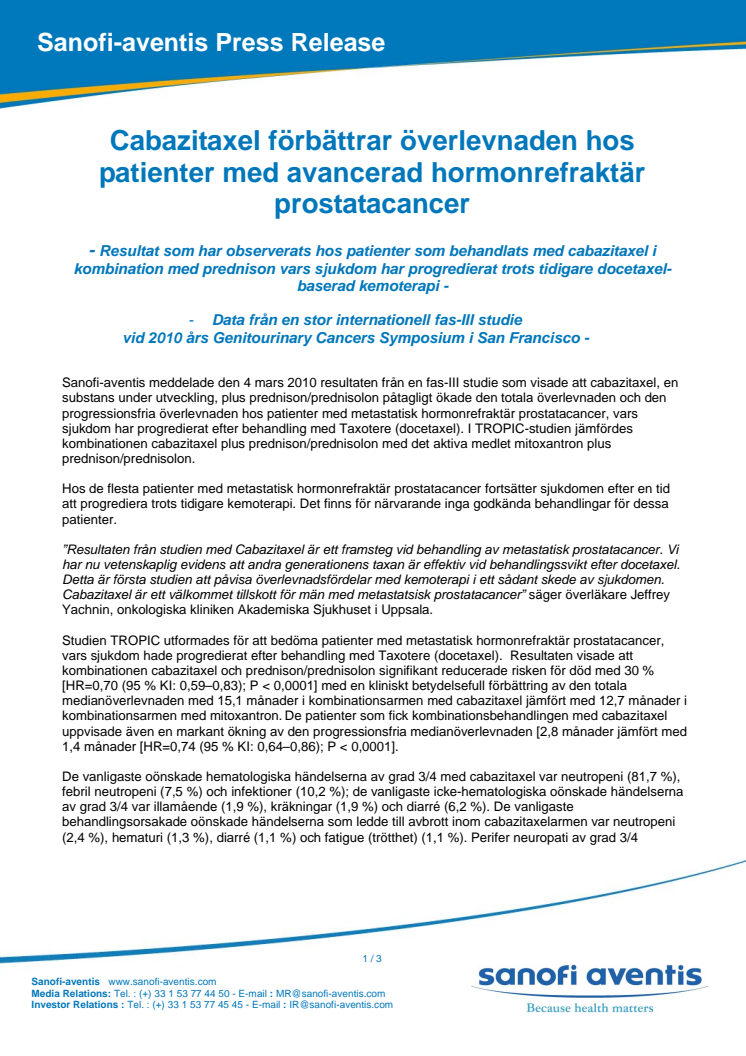 Cabazitaxel förbättrar överlevnaden hos patienter med avancerad hormonrefraktär prostatacancer