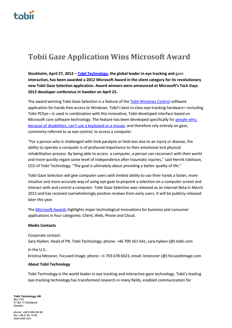 Tobii Gaze Application Wins Microsoft Award