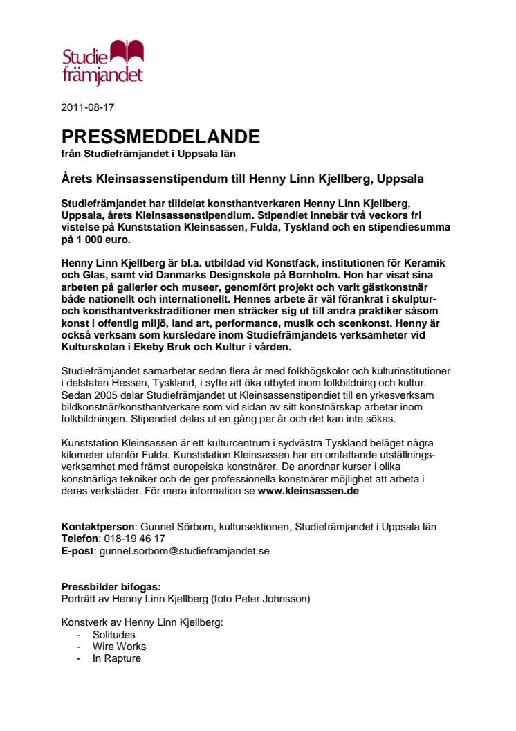 Årets Kleinsassenstipendum till Henny Linn Kjellberg, Uppsala