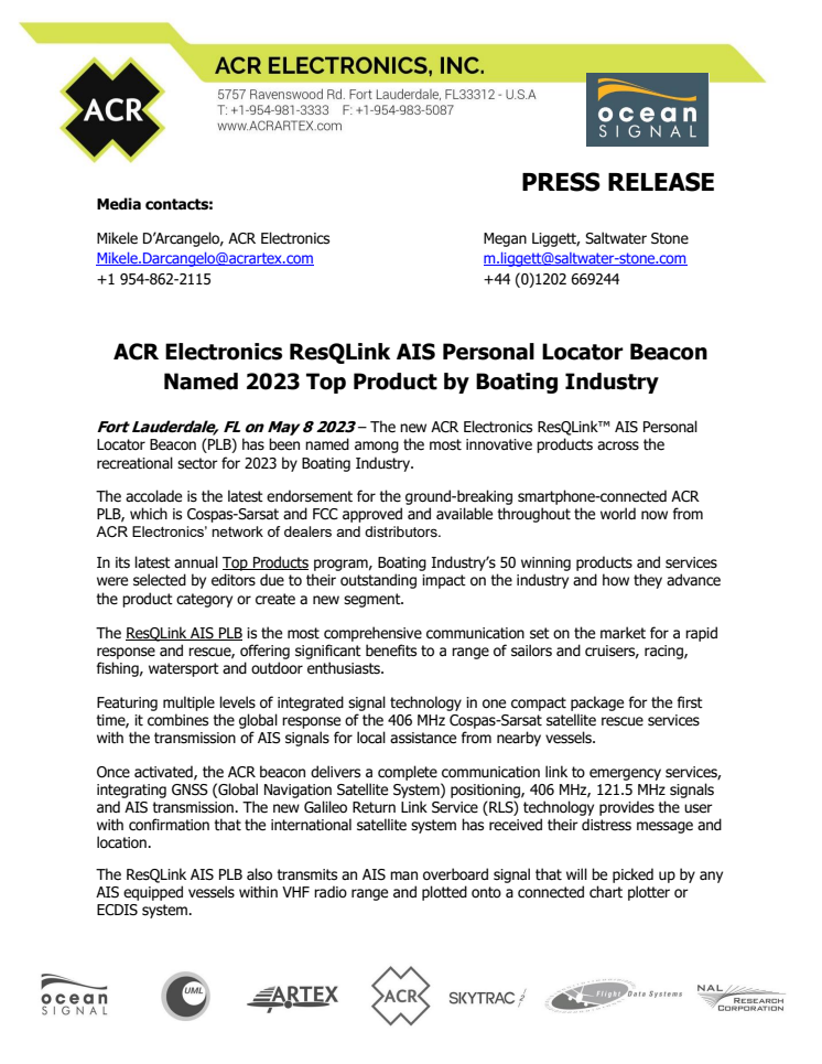 May 8 2023 - ACR ResQLink AIS PLB Named 2023 Top Product by Boating Industry.pdf