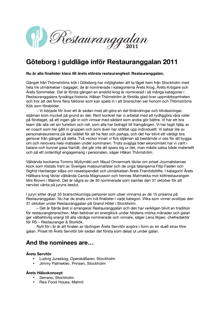 Göteborg i guldläge inför Restauranggalan 2011