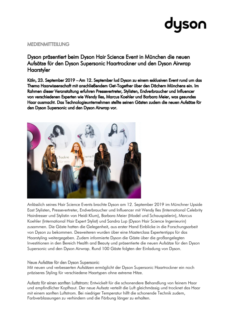 Dyson präsentiert beim Dyson Hair Science Event in München die neuen Aufsätze für den Dyson Supersonic Haartrockner und den Dyson Airwrap Haarstyler