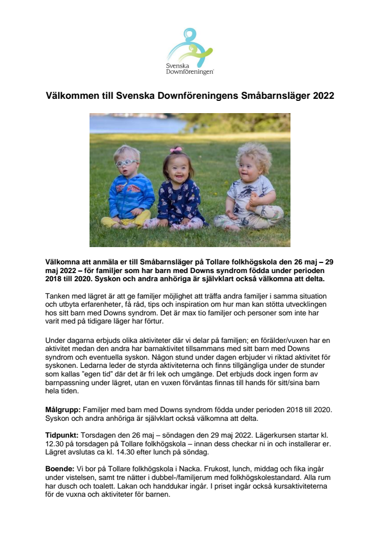 Välkommen till Svenska Downföreningens Småbarnsläger 2022