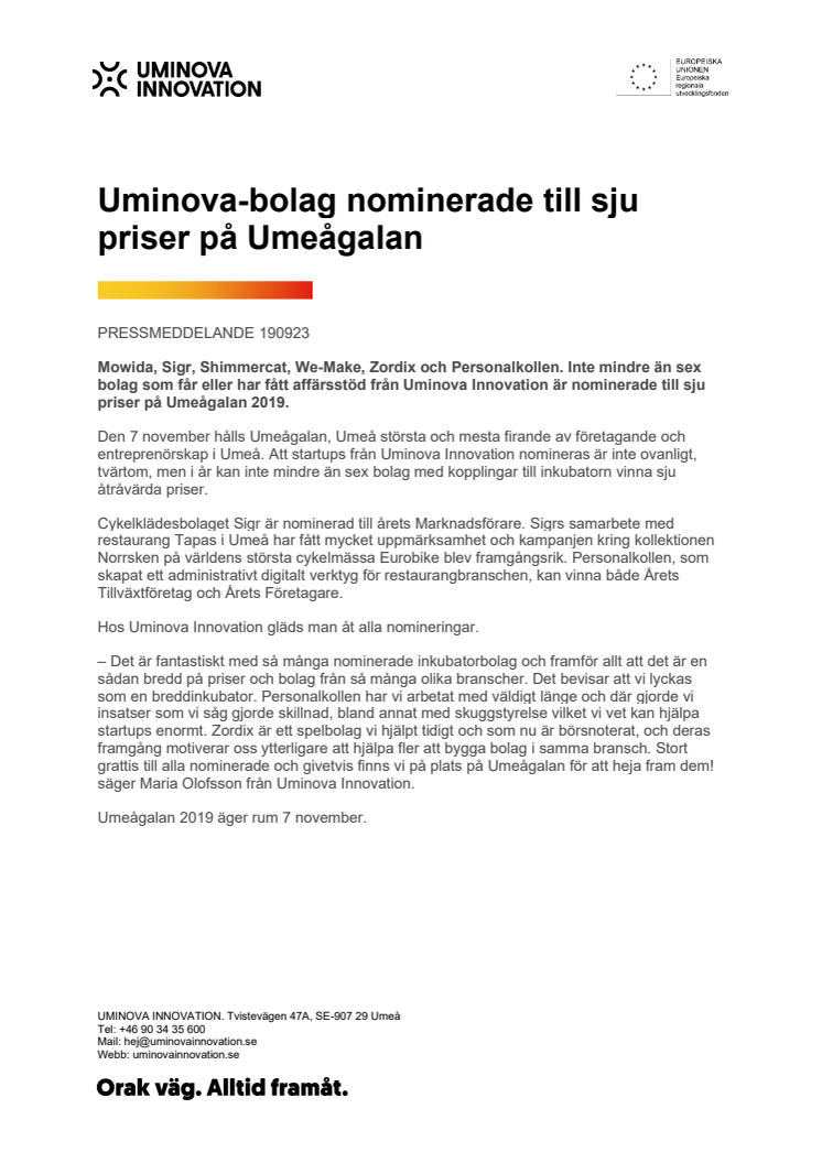 Uminova-bolag kan vinna sju priser på Umeågalan 2019