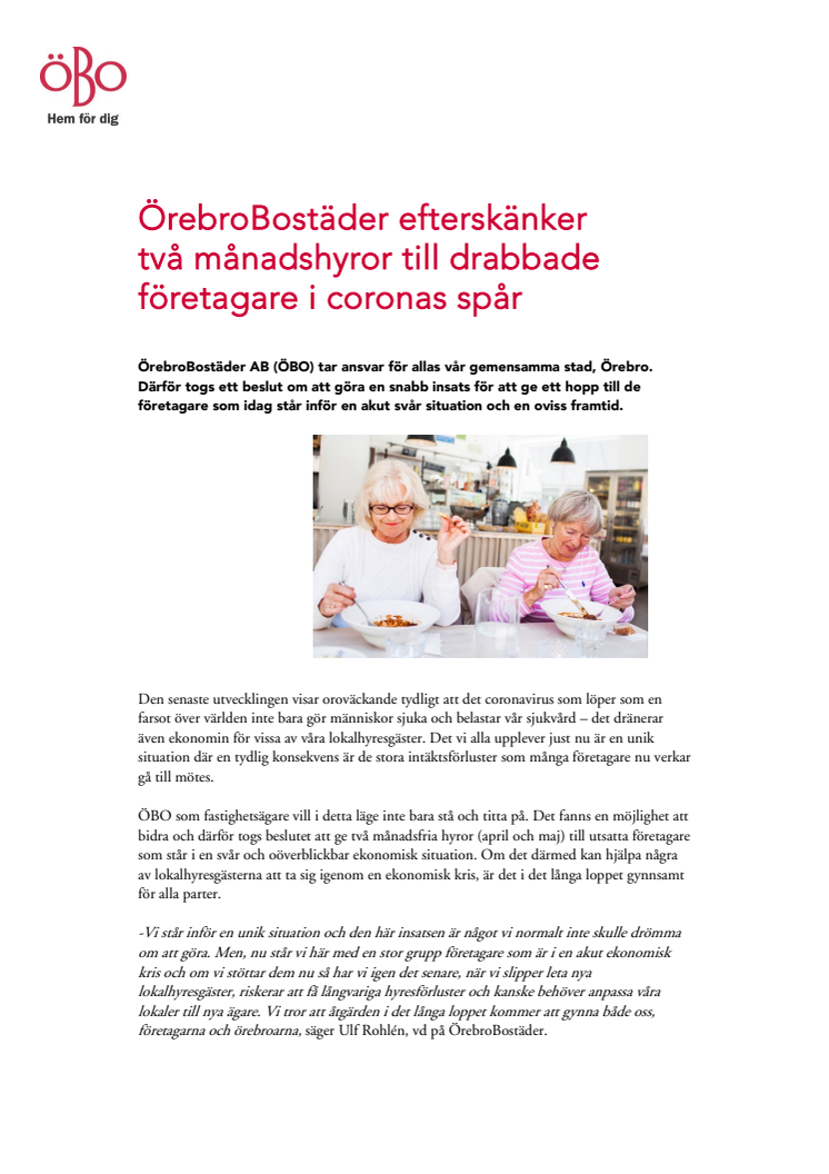 ÖrebroBostäder efterskänker  två månadshyror till drabbade företagare i coronas spår