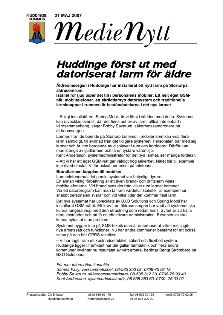 Huddinge först ut med datoriserat larm för äldre