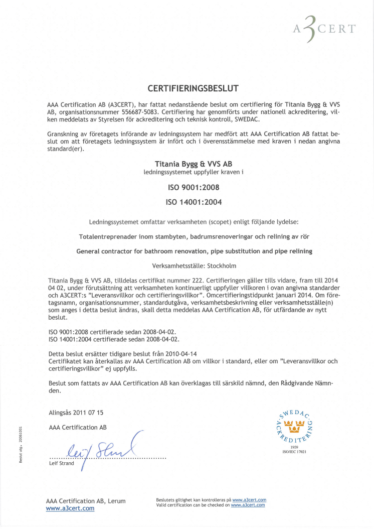Titanias ISO 9001 och 14001 certifikat