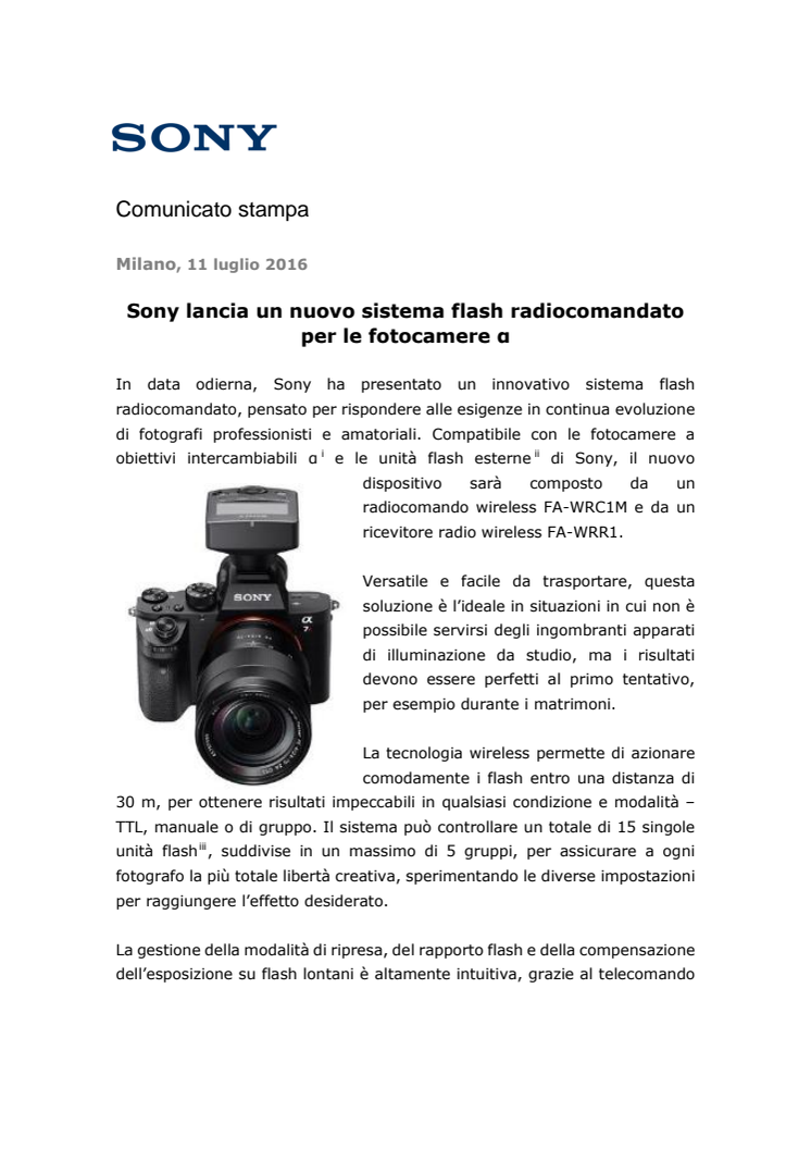 Sony lancia un nuovo sistema flash radiocomandato per le fotocamere α      