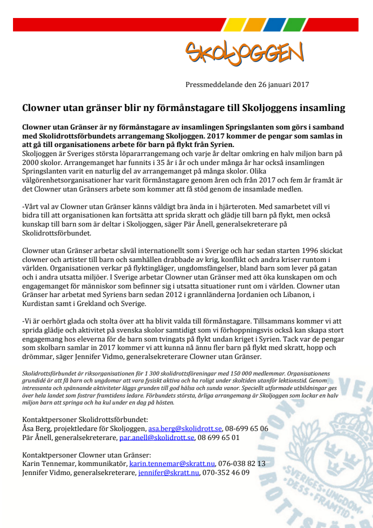 Clowner utan gränser blir ny förmånstagare till Skoljoggens insamling