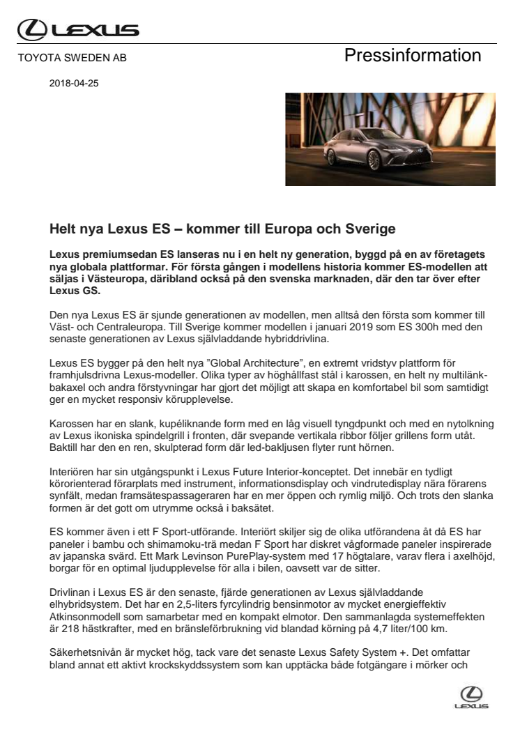 Helt nya Lexus ES – kommer till Europa och Sverige