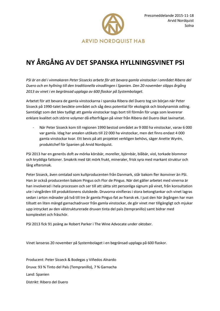 Ny årgång av det spanska hyllningsvinet PSI