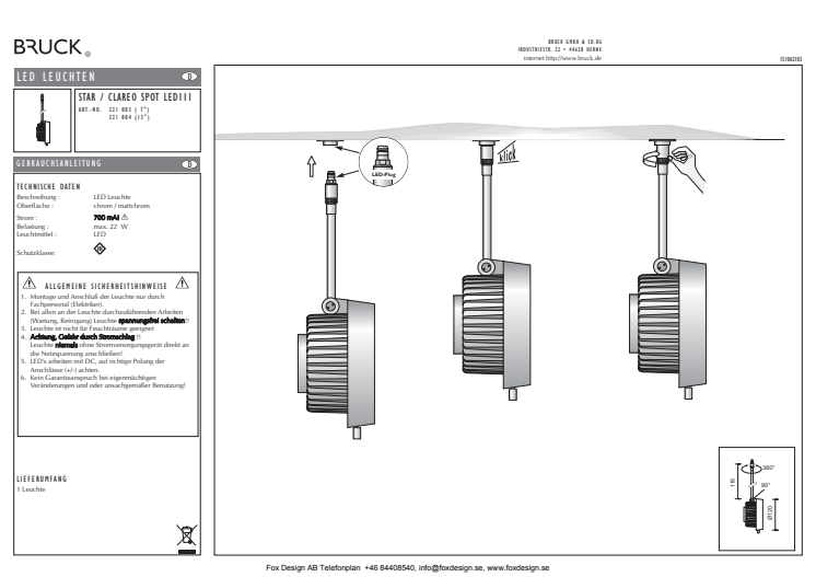 Produktblad Bruck Star Clareo LED111 snabbkoppling som pdf.