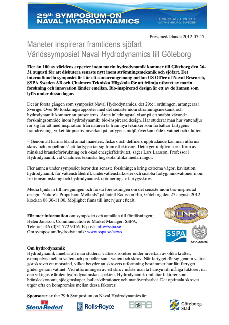 Maneter inspirerar framtidens sjöfart. Världssymposiet Naval Hydrodynamics till Göteborg 