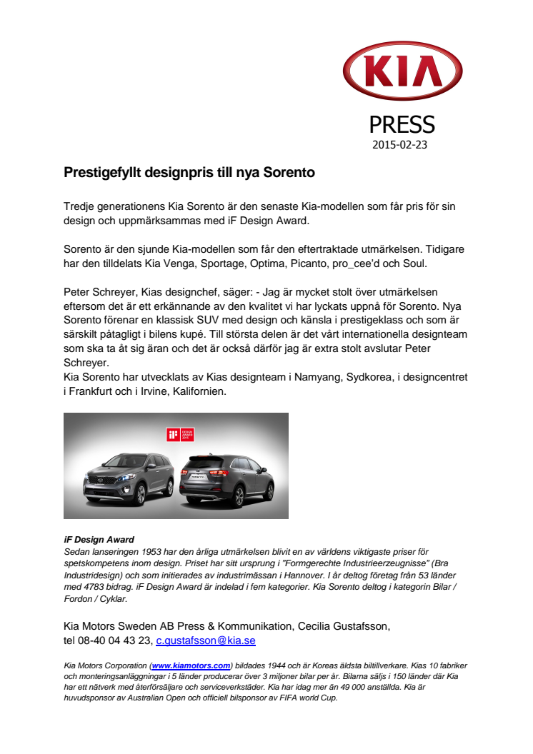 Prestigefyllt designpris till nya Sorento