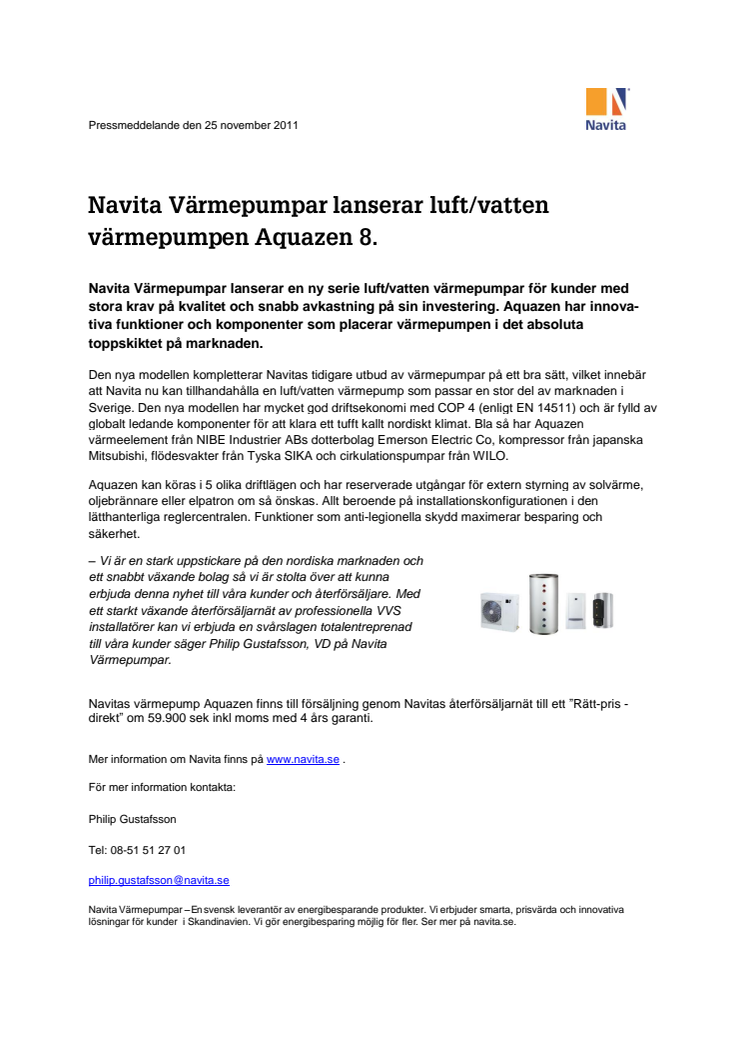 Navita Värmepumpar lanserar luft/vatten värmepumpen Aquazen 8. 