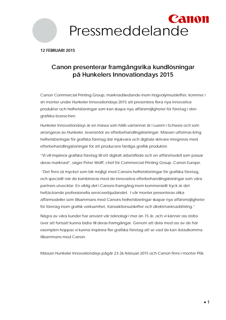 Canon presenterar framgångsrika kundlösningar på Hunkelers Innovationdays 2015 