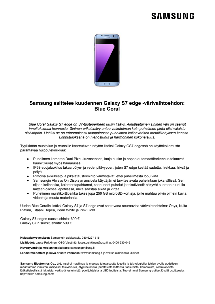 Samsung esittelee kuudennen Galaxy S7 edge -värivaihtoehdon: Blue Coral