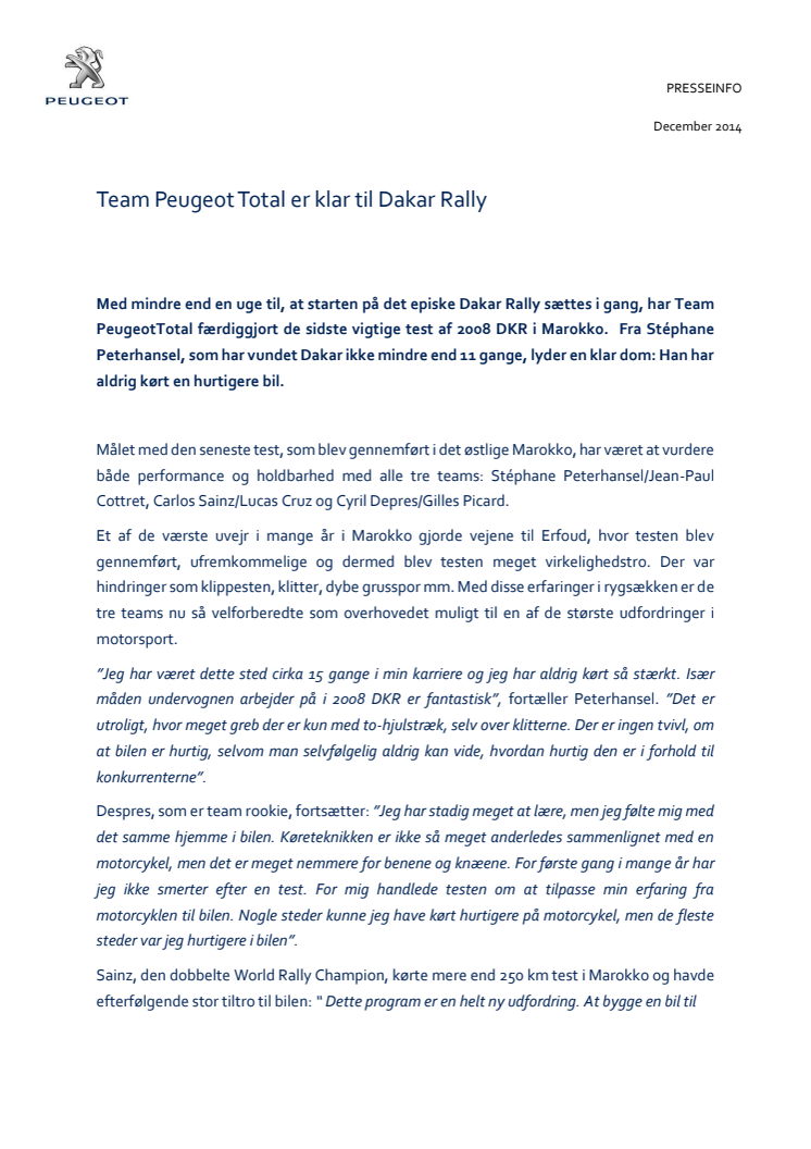 Team Peugeot Total er klar til Dakar Rally