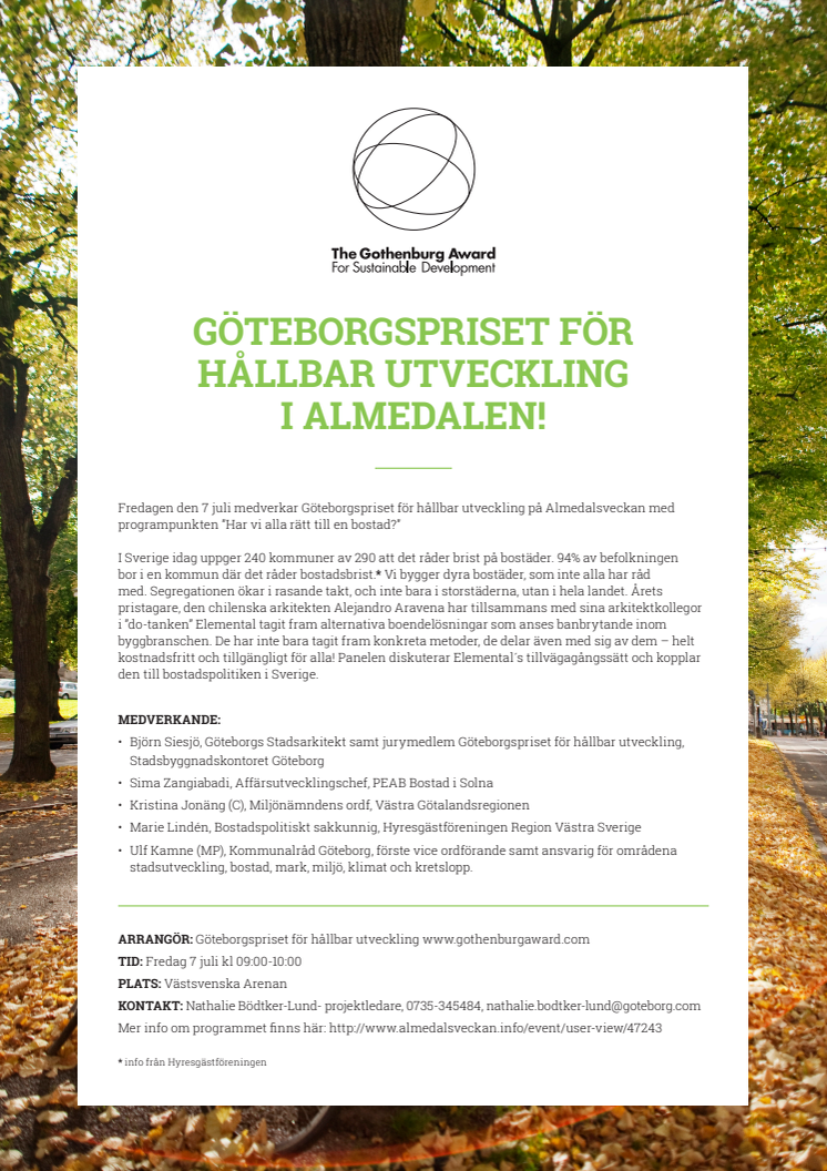 Göteborgspriset för hållbar utveckling i Almedalen