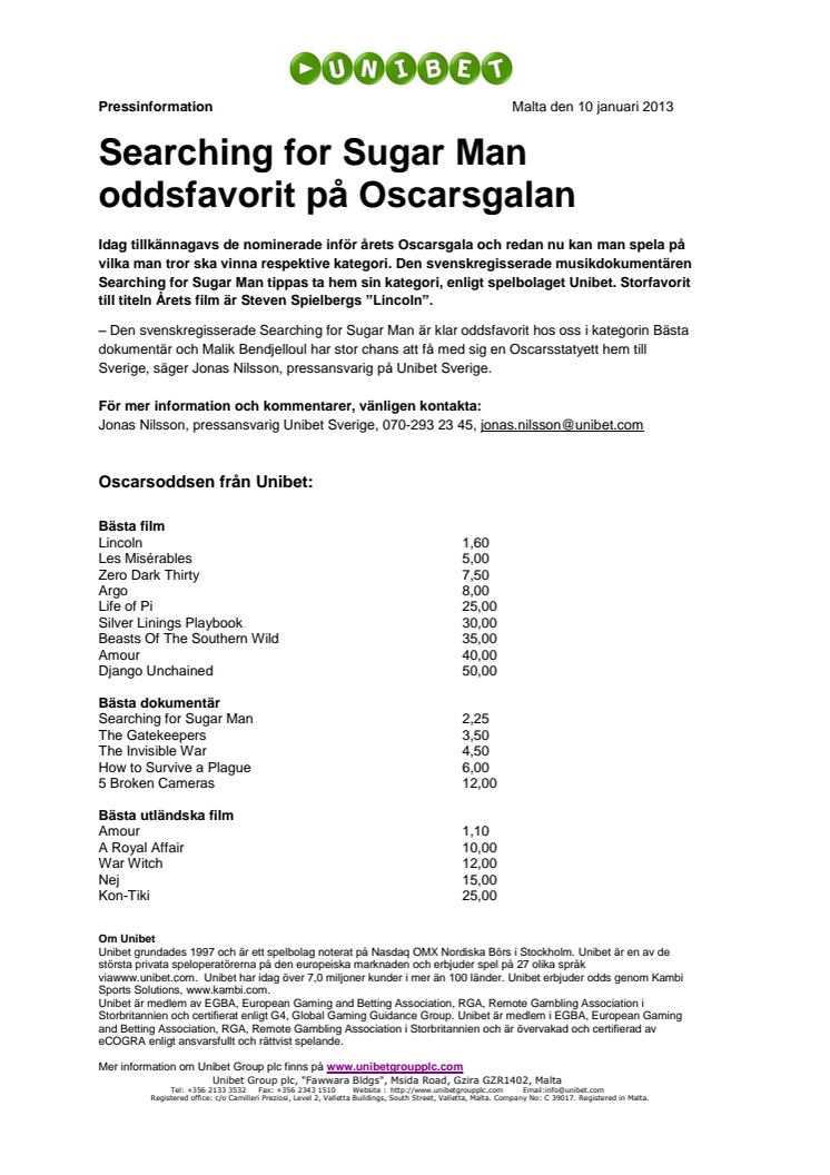 Searching for Sugar Man oddsfavorit på Oscarsgalan