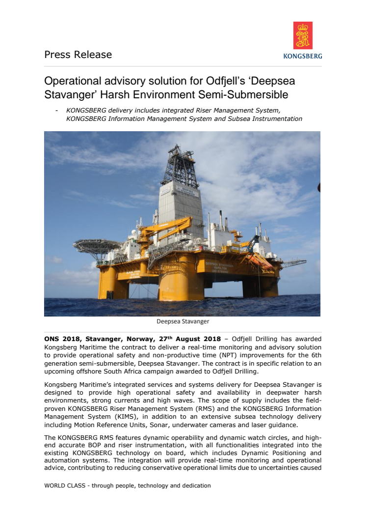 Kongsberg Maritime: Operational advisory solution for Odfjell’s ‘Deepsea Stavanger’ Harsh Environment Semi-Submersible