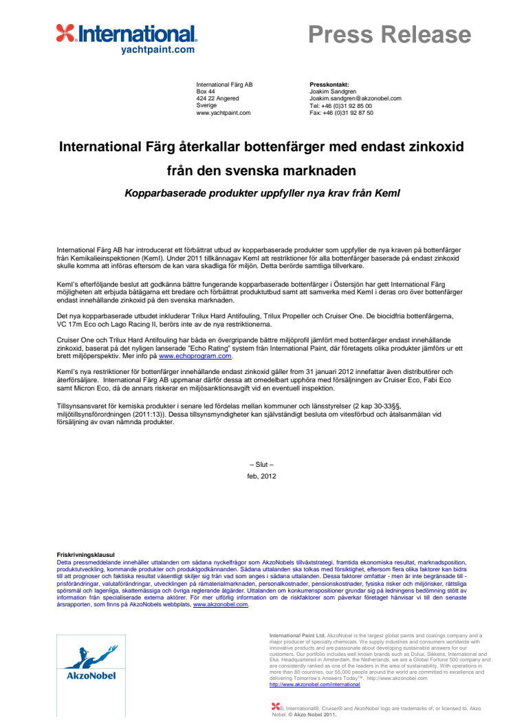 International Färg återkallar bottenfärger med endast zinkoxid