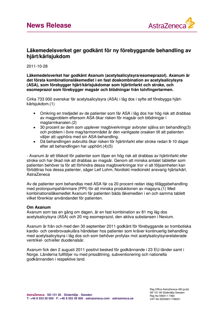 Läkemedelsverket ger godkänt för ny förebyggande behandling av hjärt/kärlsjukdom