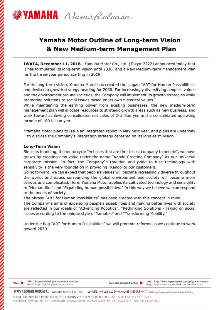 Yamaha Motor Outline of Long-term Vision & New Medium-term Management Plan