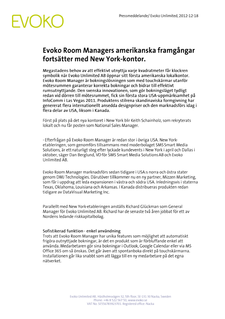 Evoko Room Managers amerikanska framgångar fortsätter med New York-kontor.