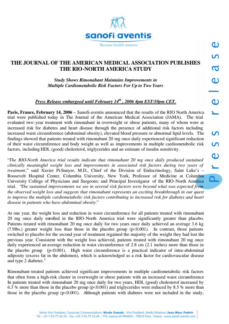 THE JOURNAL OF THE AMERICAN MEDICAL ASSOCIATION PUBLISHES THE RIO-NORTH AMERICA STUDY