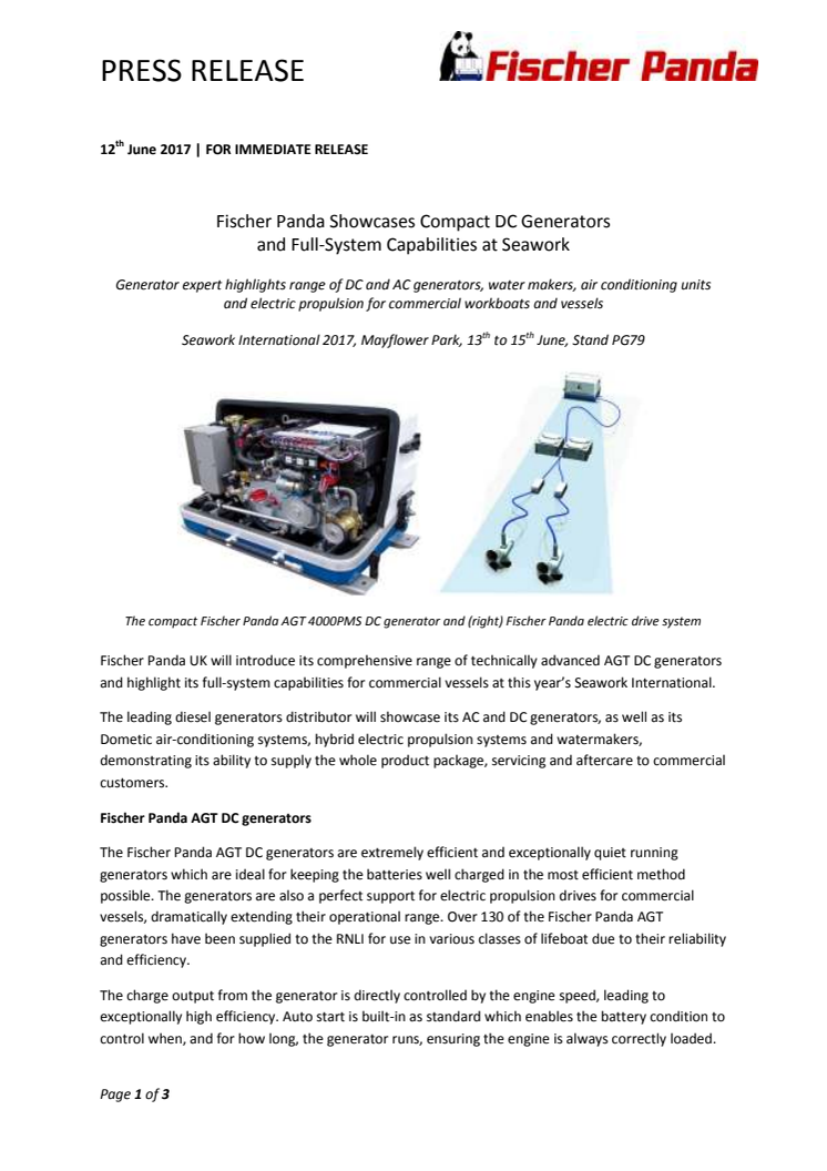 Fischer Panda (Seawork International - Stand PG79): Fischer Panda Showcases Compact DC Generators and Full-System Capabilities at Seawork