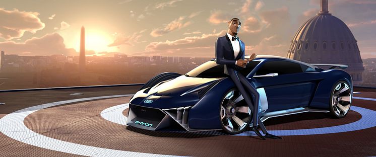 Audi RSQ e-tron (spionbil til animationsfilmen Spies in Disguise) med hovedperson Lance Sterling