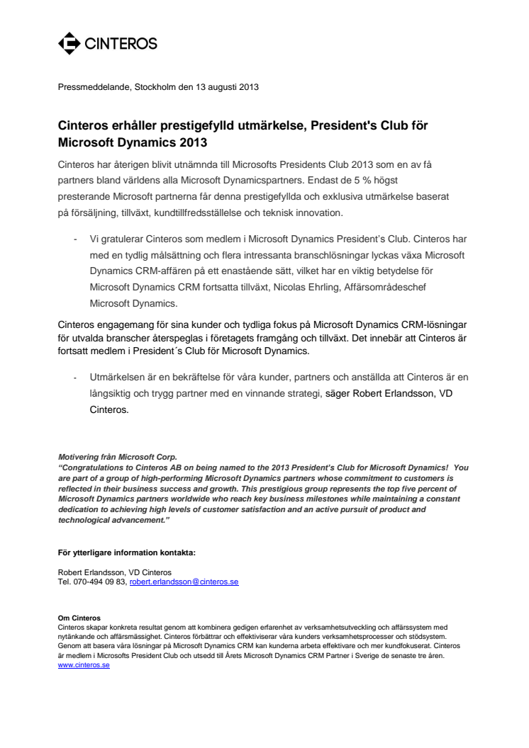 Cinteros erhåller prestigefylld utmärkelse, President's Club för Microsoft Dynamics 2013