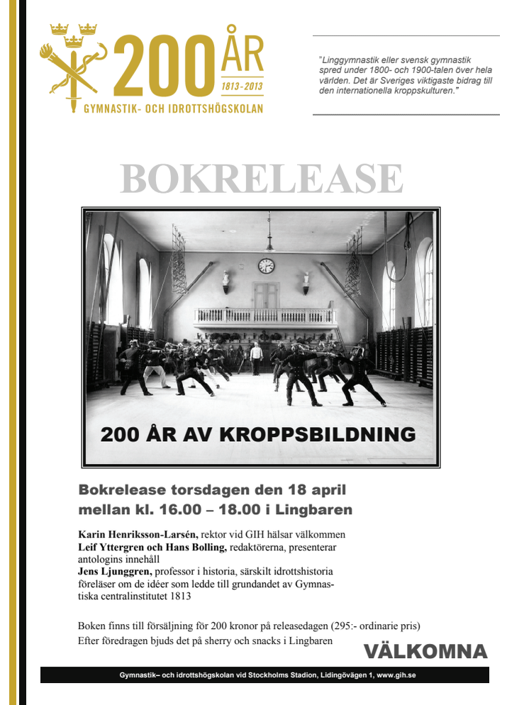 Varmt välkomna till GIH:s bokrelease den 18 april av den nya boken ”200 år av kroppsbildning”