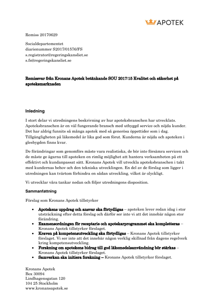 Kronans Apotek tycker till om utredningen Kvalitet och säkerhet på apoteksmarknaden, SOU 2017:15