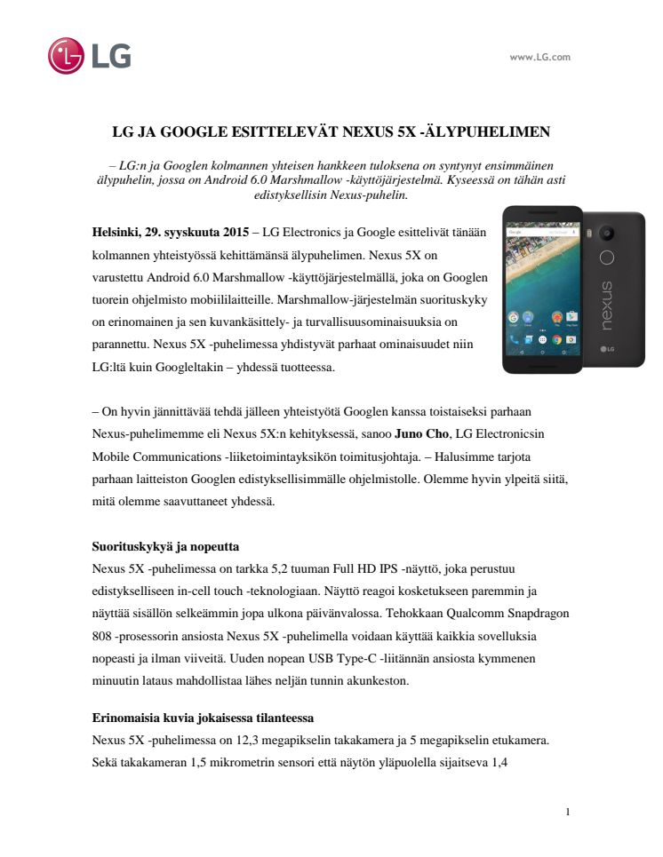 LG JA GOOGLE ESITTELEVÄT NEXUS 5X -ÄLYPUHELIMEN 