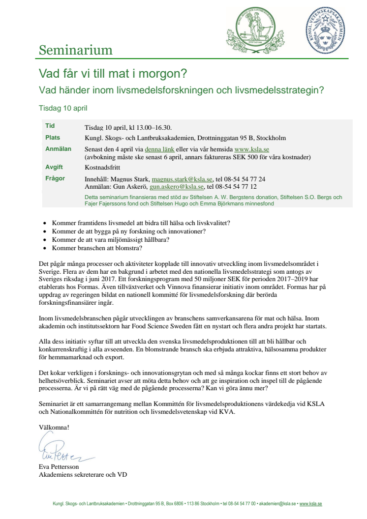 Seminarium 10 april: Vad får vi till mat i morgon?