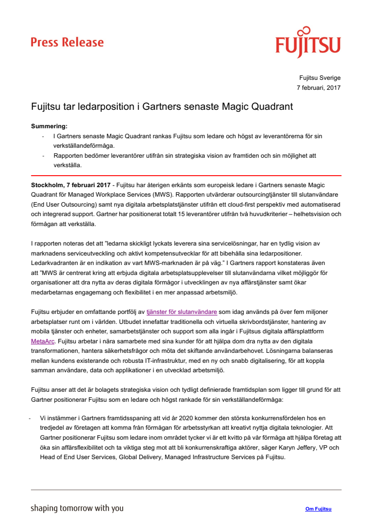 Fujitsu tar ledarposition i Gartners senaste Magic Quadrant