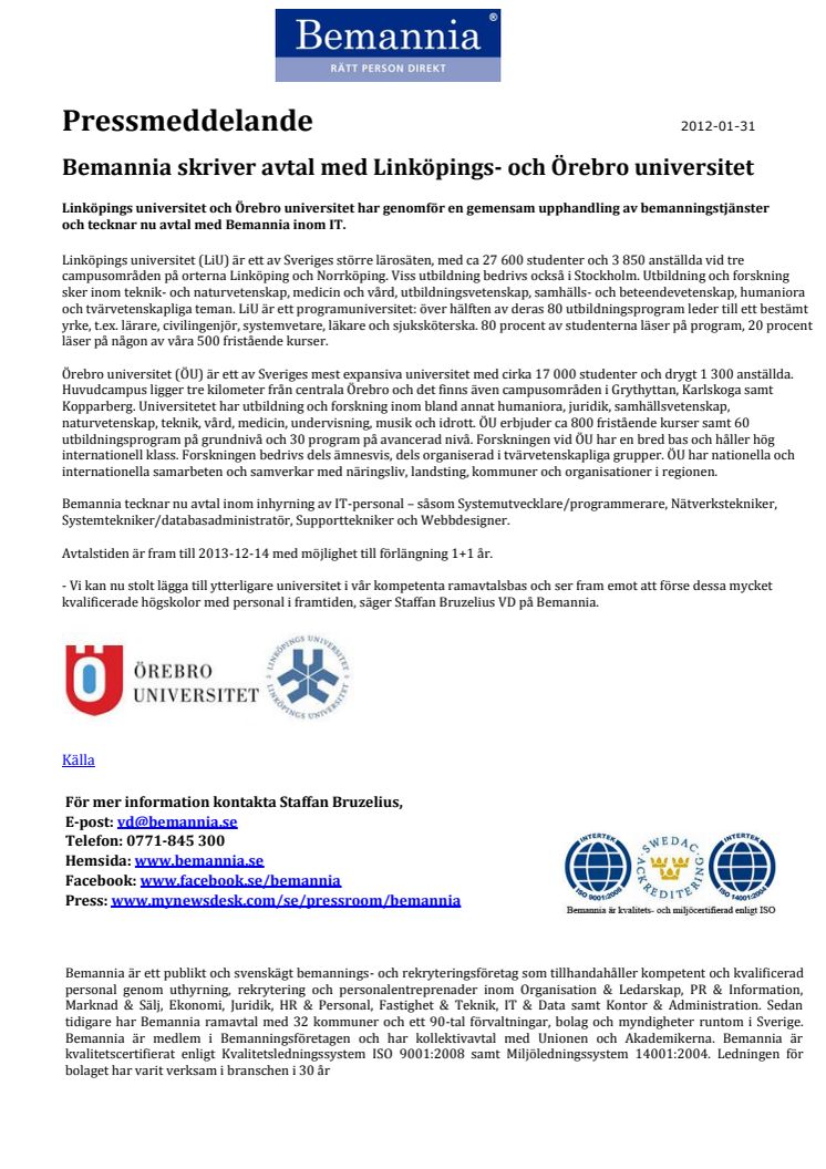 Bemannia skriver avtal med Linköpings- och Örebro universitet