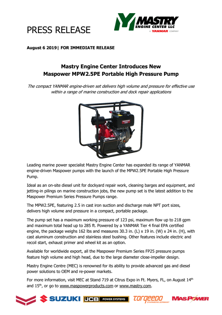 Mastry Engine Center Introduces New Maspower MPW2.5PE Portable High Pressure Pump