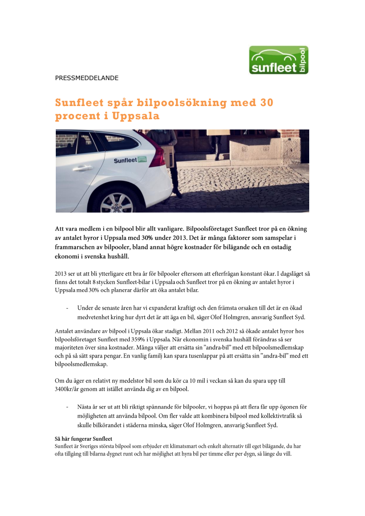Sunfleet spår bilpoolsökning med 30 procent i Uppsala