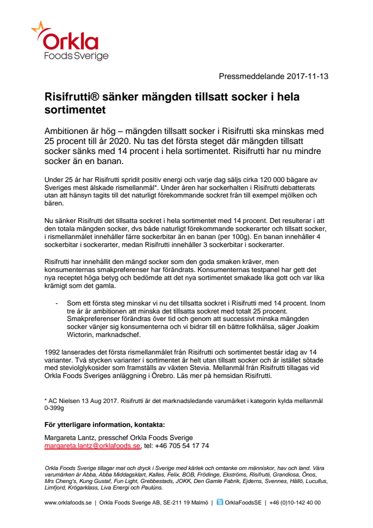 Risifrutti® sänker mängden tillsatt socker i hela sortimentet 