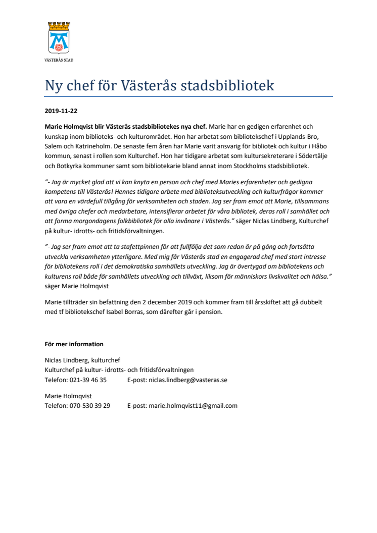 Ny chef för Västerås stadsbibliotek