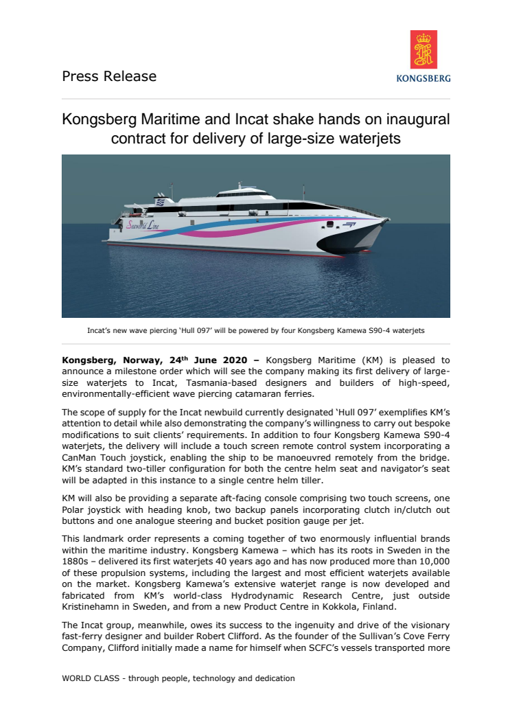 Kongsberg Maritime and Incat shake hands on inaugural contract for delivery of large-size waterjets