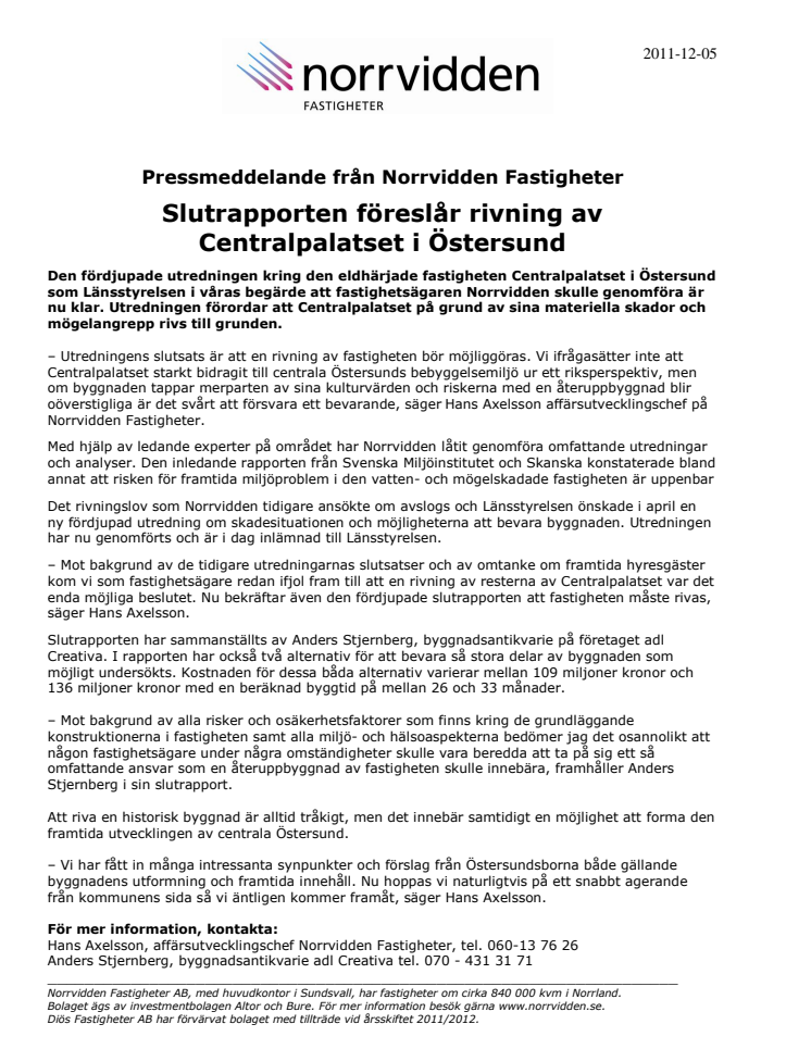 Slutrapporten föreslår rivning av Centralpalatset i Östersund